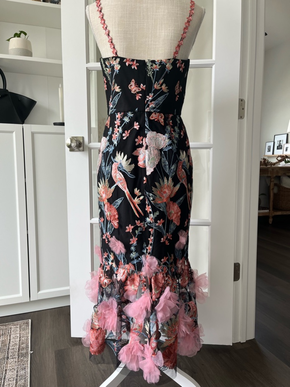Marchesa Notte Black Floral Embroidered Midi Dress with Pink 3D Flowers - Picture 4 of 11